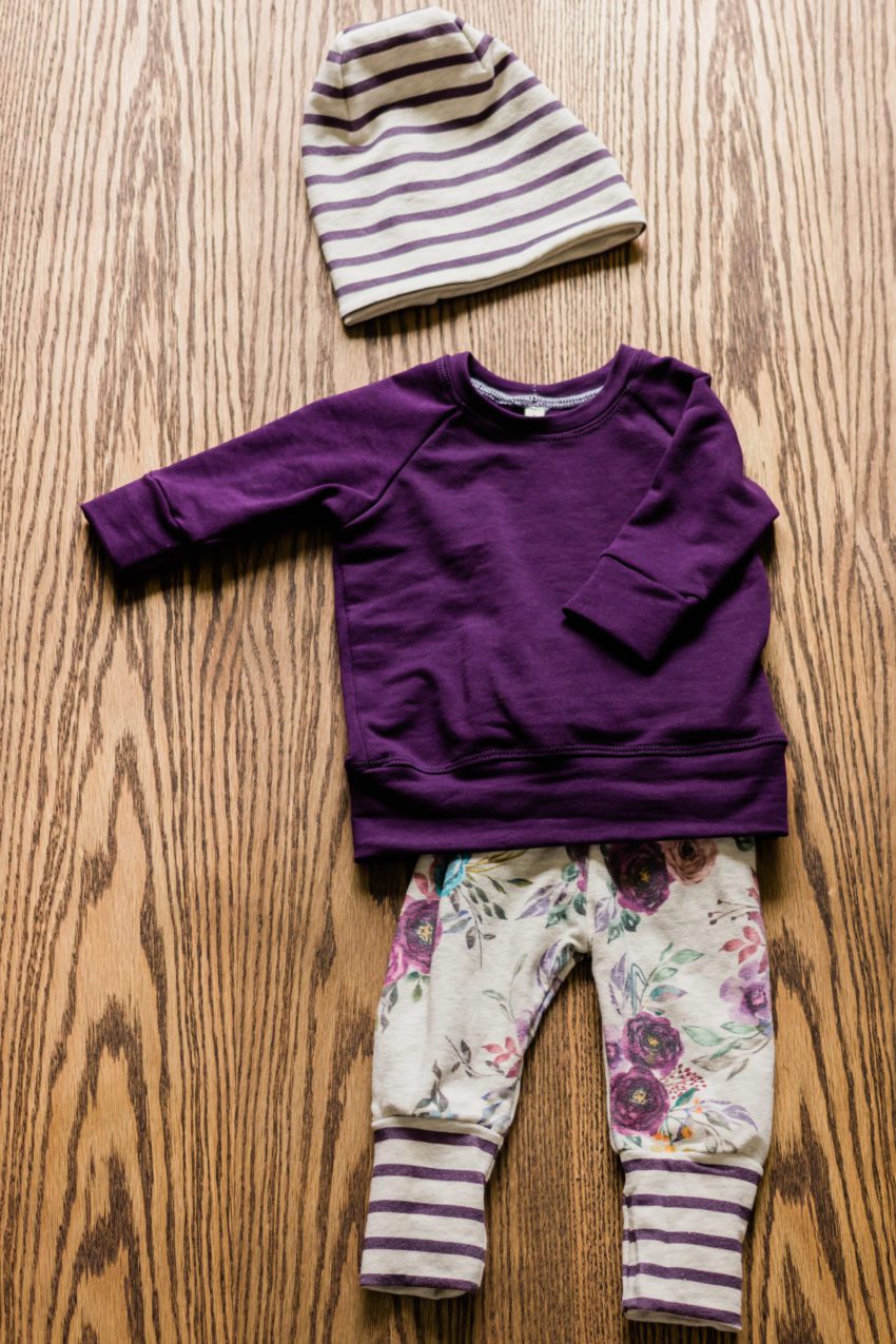 Plum raglan, oatmeal floral pants, plum oatmeal striped beanie